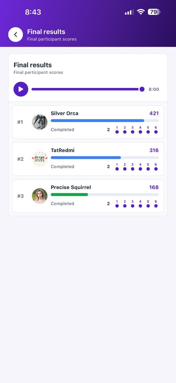 Skilliby Arena replay with final participant positions and timeline