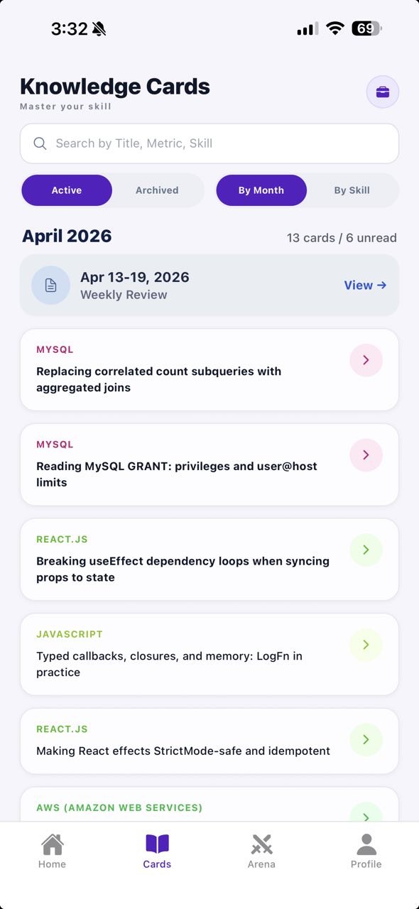 Skilliby Knowledge Cards screen organized by month and skill