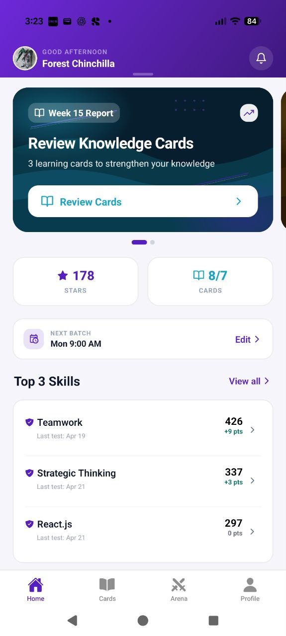 Skilliby dashboard with weekly report, knowledge cards, and top skill scores